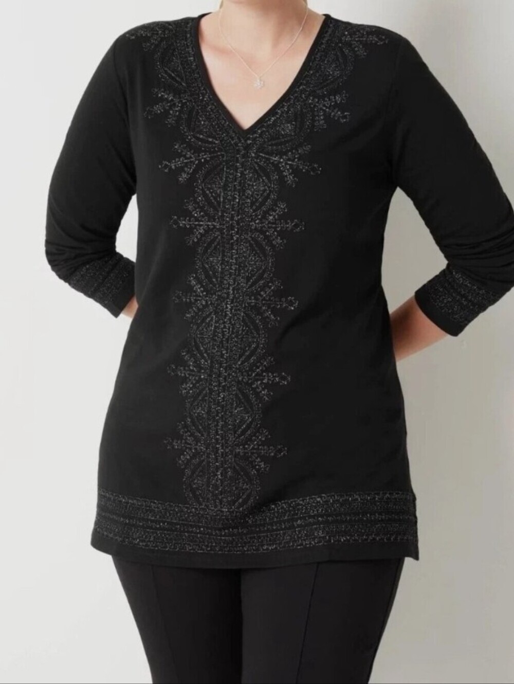 J Jill Black Embroidered V Neck Tunic Top Womens M Long Sleeve Metallic Shimmer